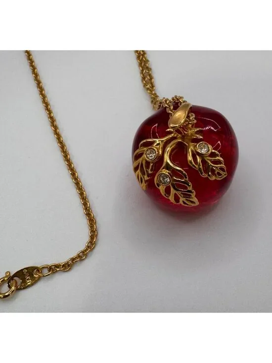 Vintage Avon Red Lucite Apple Pendant Necklace Gold Tone Rhinestone 32” - Picture 3 of 8